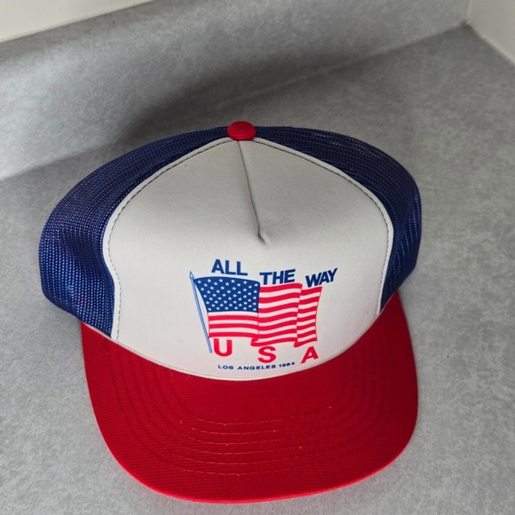 Vintage All The Way USA Los Angeles 1984 Patriotic Trucker Hat Cap - Picture 1 of 7